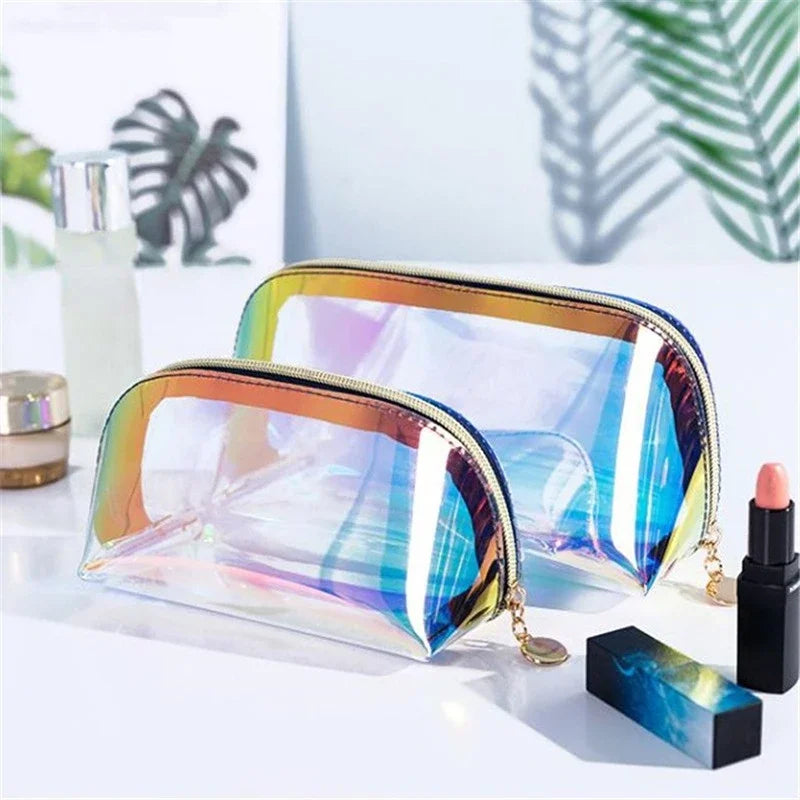 Fashionable Transparent Laser Travel Cosmetic & Toiletry Bag Organizer - Makeup Brush & Wash Essentials Case for Women"